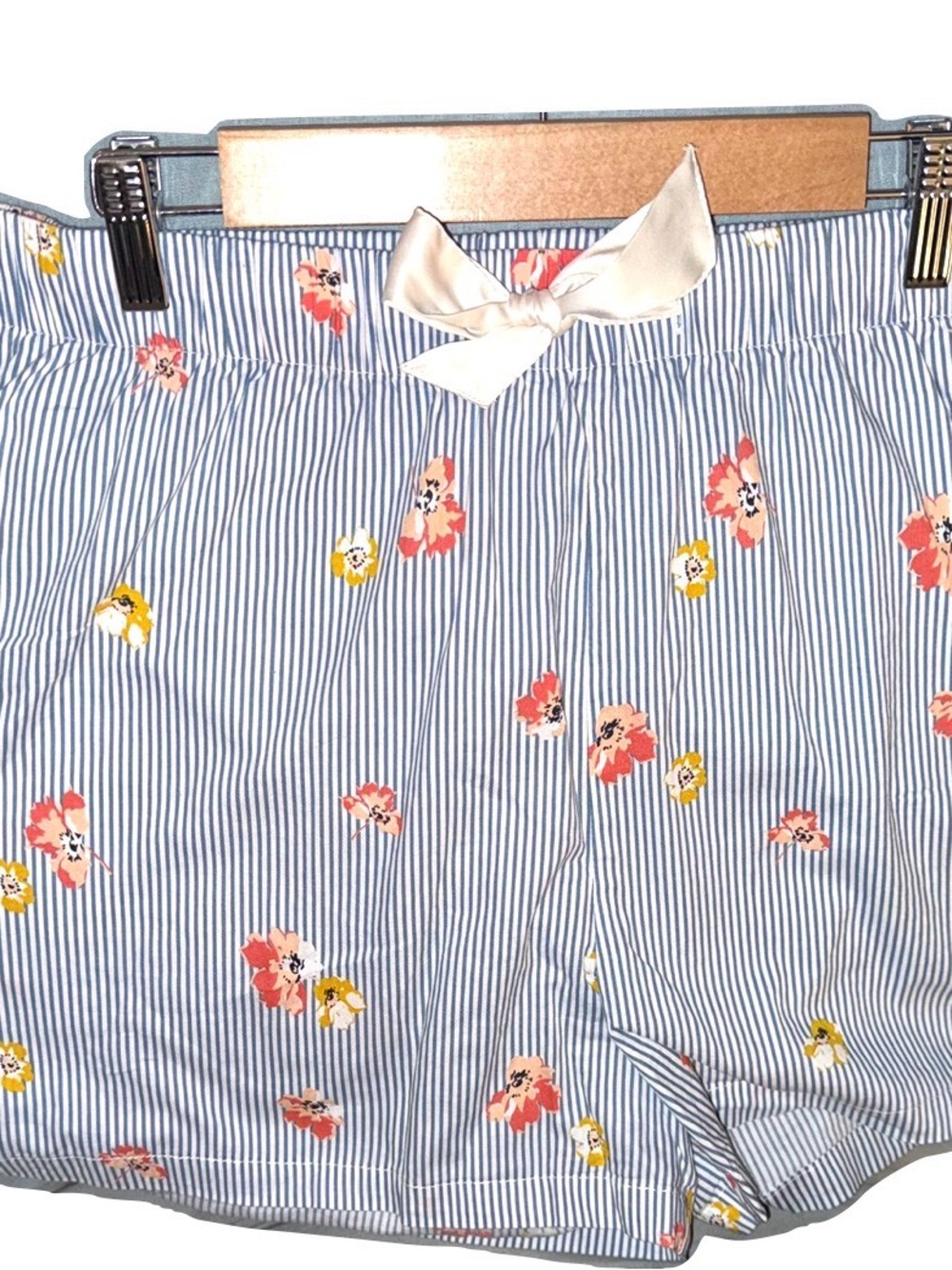Old Navy Blue & White Striped Floral Sleep Shorts with Satin Bow